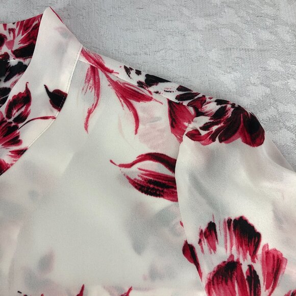 DKNY Floral Cream & Pink Long Sleeve Sheer Bow Tie Front Pullover Blouse Size PM - Picture 7 of 13